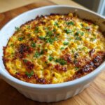 Close-up of baked Mexican street corn dip with a golden-brown, cheesy crust, garnished with fresh parsley.