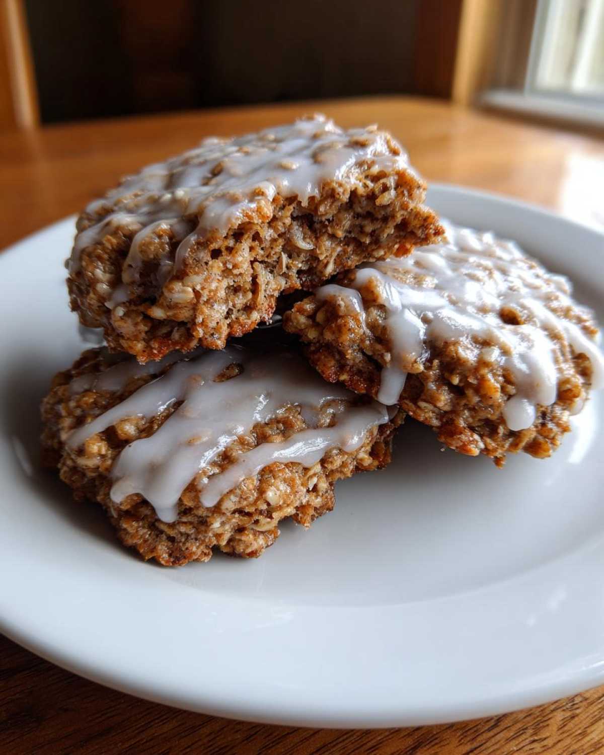 Two halves of a chewy iced oatmeal cookie stacked on a white plate, showing the oat texture and white glaze.