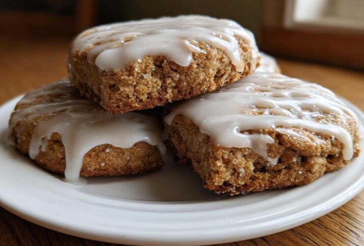 Close-up of three soft, square iced oatmeal cookies stacked on a white plate, drizzled with white glaze.