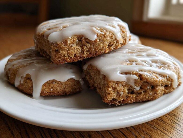 Close-up of three soft, square iced oatmeal cookies stacked on a white plate, drizzled with white glaze.