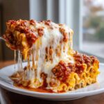 A serving of instant pot lasagna being lifted, showing incredible cheese pull with rich meat sauce.