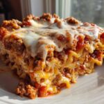 A generous, cheesy slice of instant pot lasagna with rich meat sauce, served on a white plate.