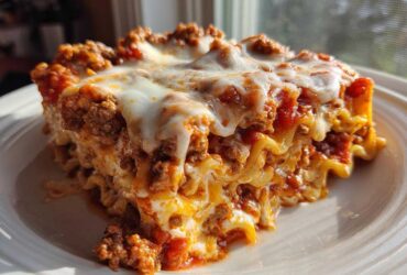 A generous, cheesy slice of instant pot lasagna with rich meat sauce, served on a white plate.
