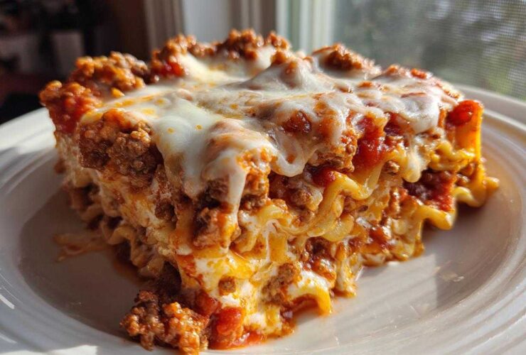 A generous, cheesy slice of instant pot lasagna with rich meat sauce, served on a white plate.