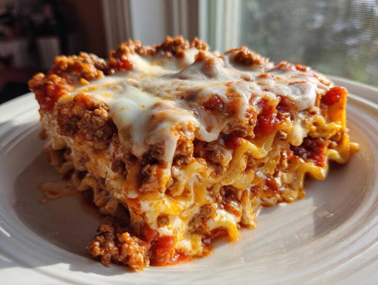 A generous, cheesy slice of instant pot lasagna with rich meat sauce, served on a white plate.