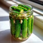 Close-up of fresh refrigerator pickles packed tightly in a glass jar with whole garlic cloves and mustard seeds.