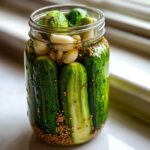 A glass jar filled with fresh cucumbers, garlic cloves, and mustard seeds for making refrigerator pickles.