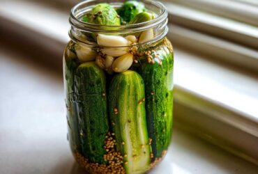 A glass jar filled with fresh cucumbers, garlic cloves, and mustard seeds for making refrigerator pickles.