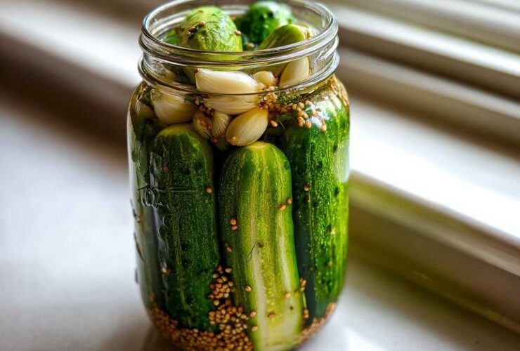 A glass jar filled with fresh cucumbers, garlic cloves, and mustard seeds for making refrigerator pickles.