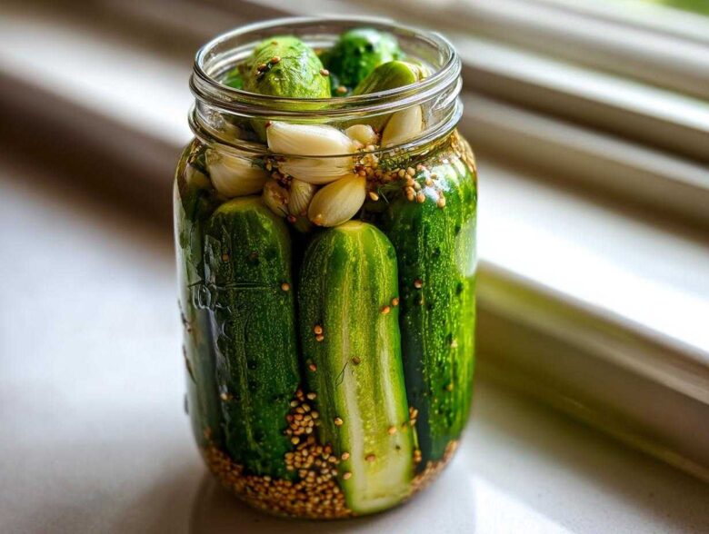 A glass jar filled with fresh cucumbers, garlic cloves, and mustard seeds for making refrigerator pickles.