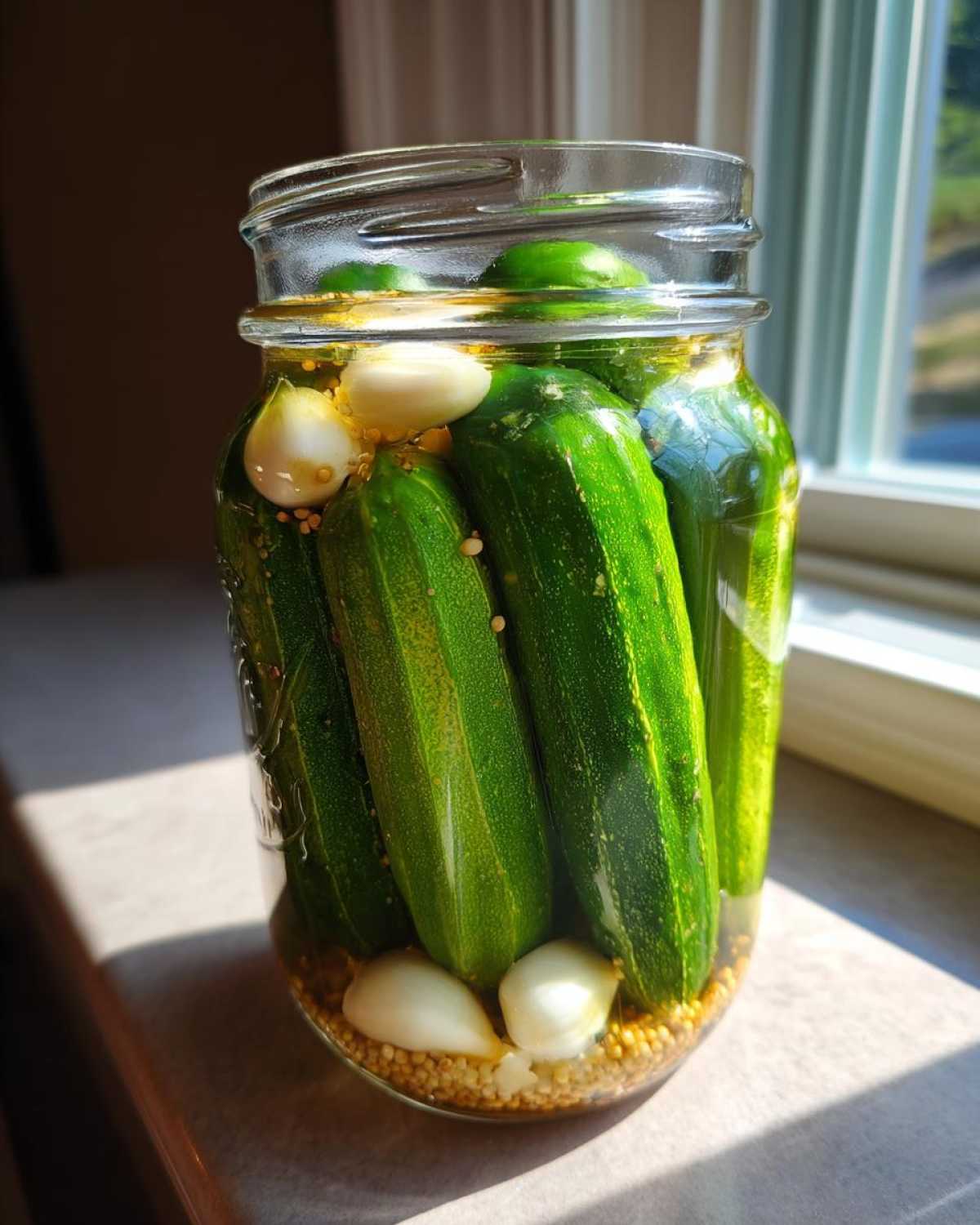A glass jar filled with fresh cucumbers being made into refrigerator pickles, featuring whole garlic cloves and mustard seeds.