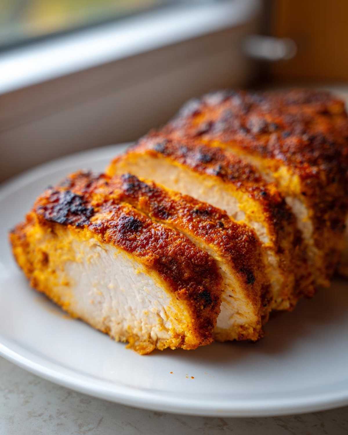 Close-up of juicy air fryer chicken breast, sliced to show the white interior and seasoned, crispy exterior.