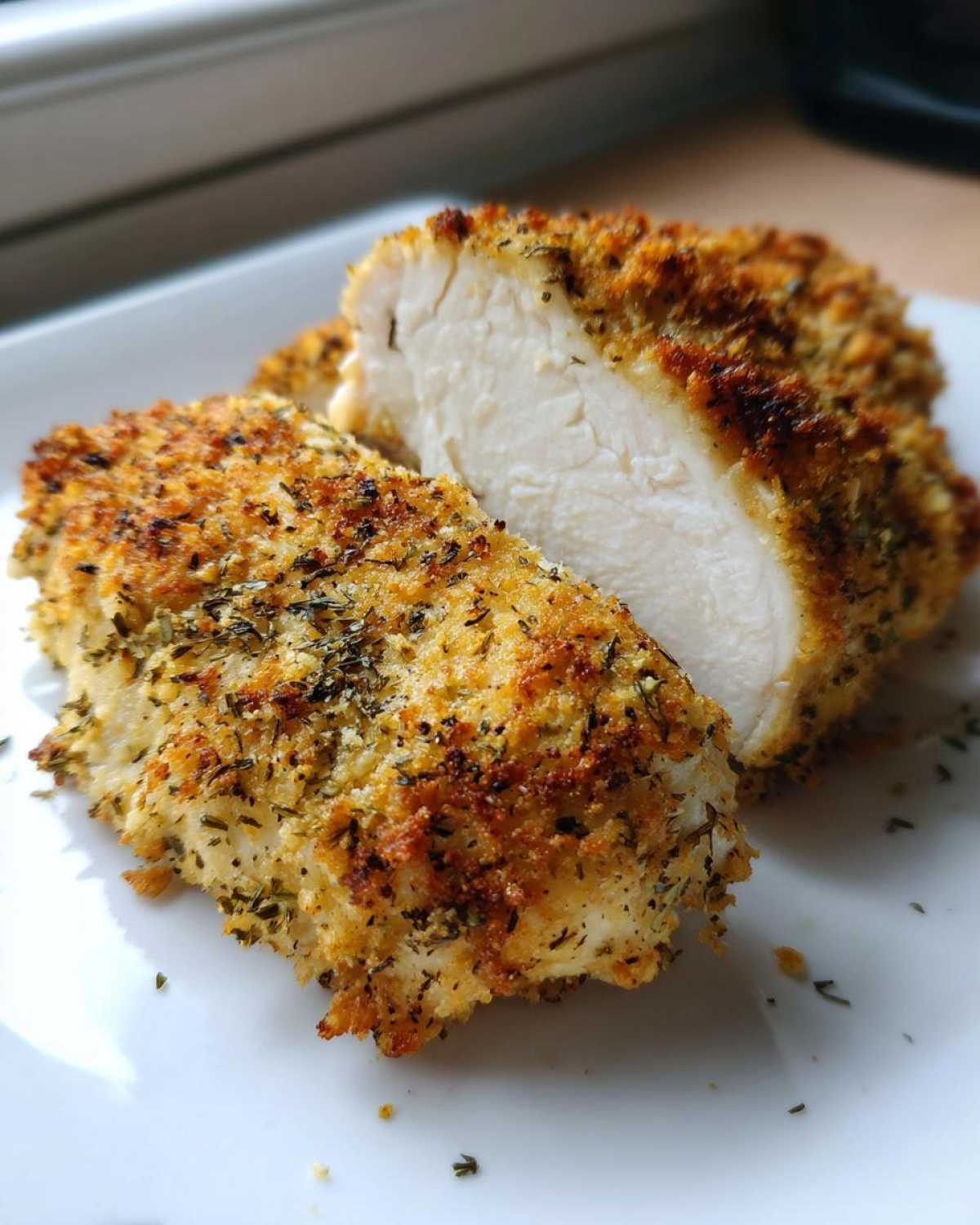 Close-up of juicy baked ranch chicken, sliced to show the white interior and crispy herb coating.