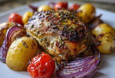 Close-up of a perfectly roasted piece of greek chicken, seasoned with herbs, served with roasted potatoes, red onions, and tomatoes.