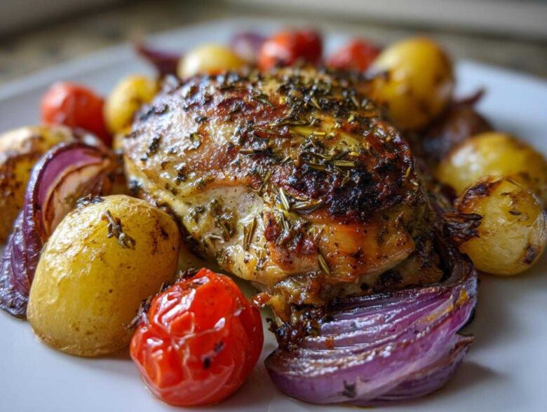 Close-up of a perfectly roasted piece of greek chicken, seasoned with herbs, served with roasted potatoes, red onions, and tomatoes.