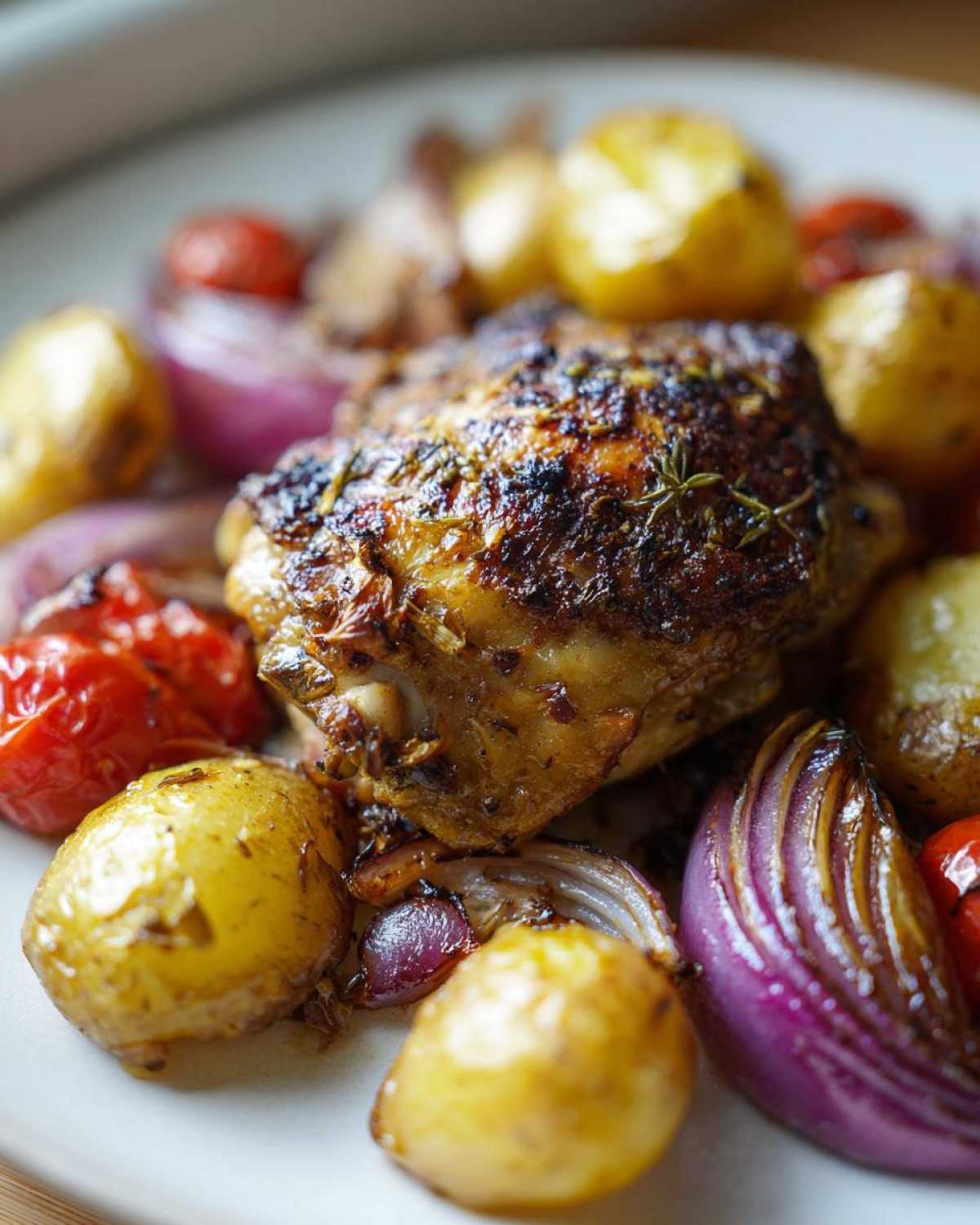 Close-up of a perfectly roasted piece of greek chicken served with small roasted potatoes, red onion wedges, and cherry tomatoes.
