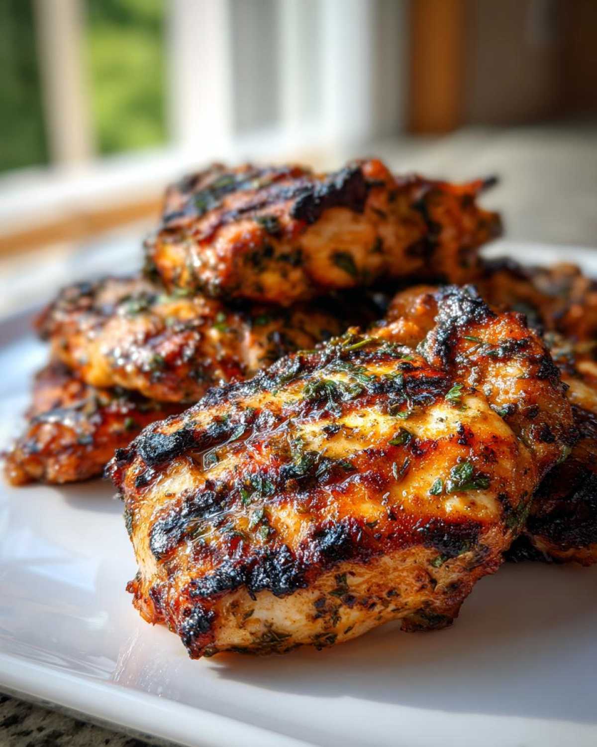 Close-up of perfectly grilled chicken breasts coated in herbs, showing char marks from the grill, made with the best chicken marinade.