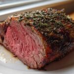 Cross-section of a juicy, medium-rare rib roast showing a dark herb crust.