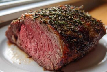 Cross-section of a juicy, medium-rare rib roast showing a dark herb crust.