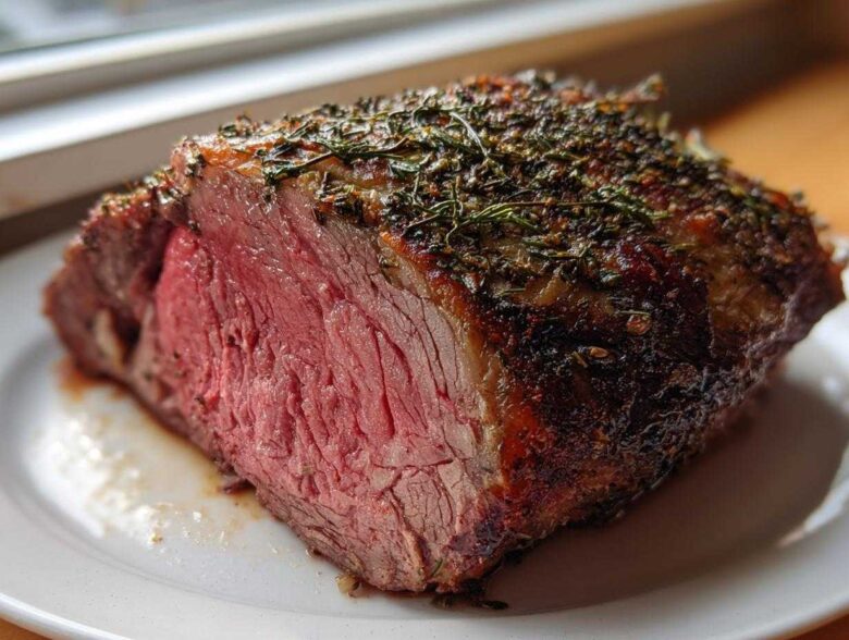 Cross-section of a juicy, medium-rare rib roast showing a dark herb crust.