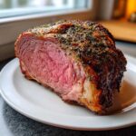 A thick, juicy rib roast cooked medium-rare, showing a vibrant pink center and a dark, herbed crust.