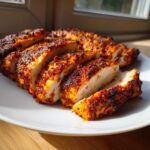 Close-up of perfectly cooked, sliced air fryer chicken breast showing a juicy white interior and a dark, seasoned crust.