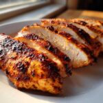 Slices of juicy air fryer chicken breast showing white interior and seasoned, slightly charred exterior on a white plate.