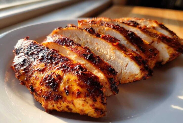 Slices of juicy air fryer chicken breast showing white interior and seasoned, slightly charred exterior on a white plate.