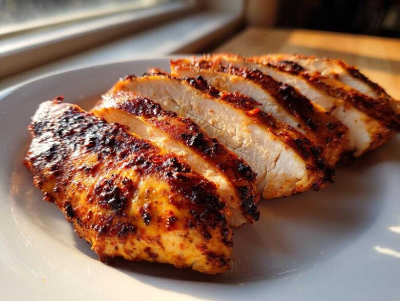 Slices of juicy air fryer chicken breast showing white interior and seasoned, slightly charred exterior on a white plate.