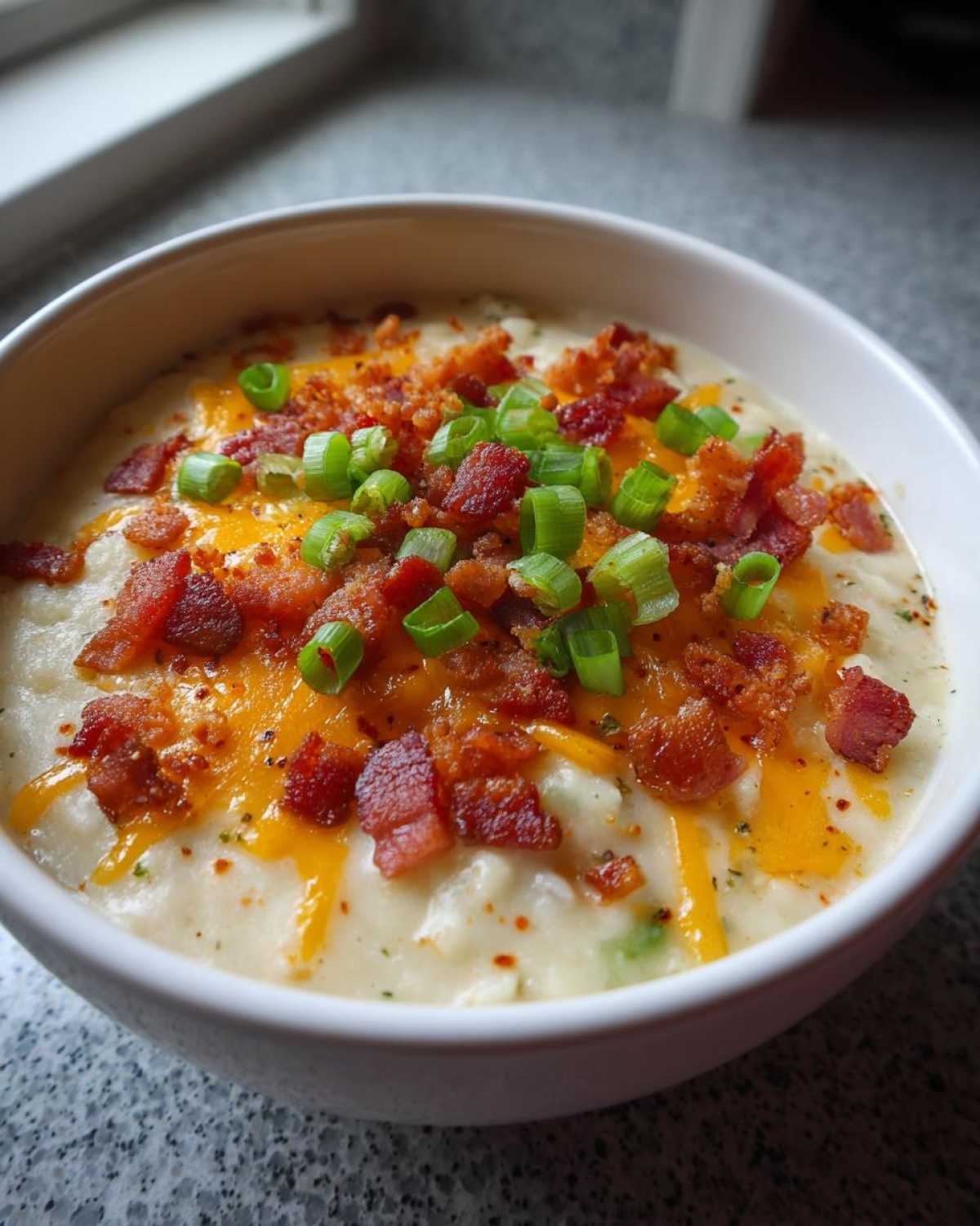 A close-up of creamy loaded baked potato soup topped generously with melted cheddar cheese, crispy bacon bits, and fresh green onions.