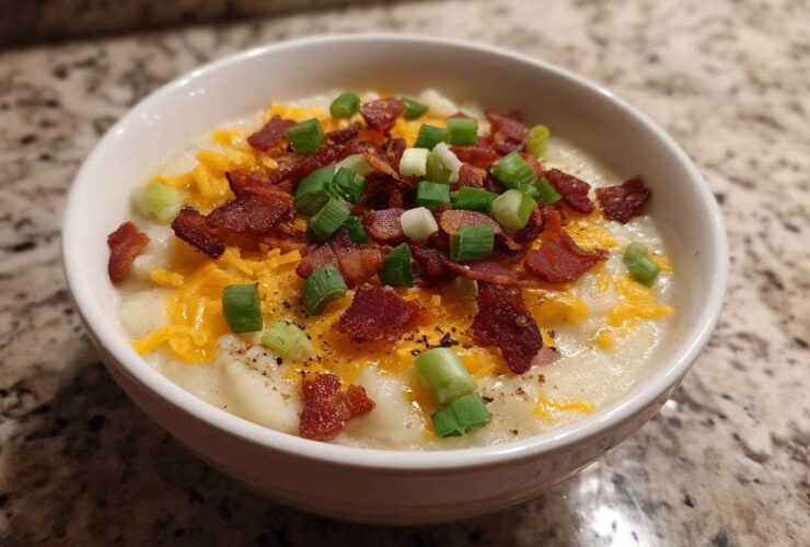 A close-up of a bowl of creamy loaded baked potato soup topped generously with shredded cheddar cheese, crispy bacon bits, and sliced green onions.
