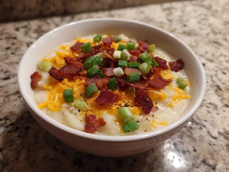 A close-up of a bowl of creamy loaded baked potato soup topped generously with shredded cheddar cheese, crispy bacon bits, and sliced green onions.