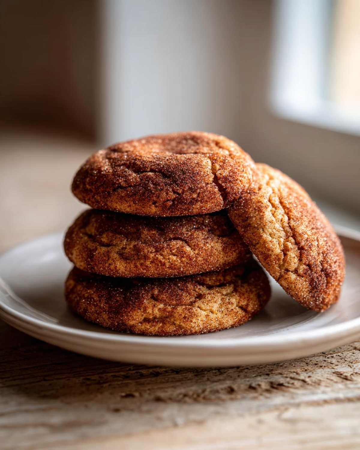 A stack of three soft, chewy snickerdoodles cookies generously coated in cinnamon sugar, resting on a small plate.