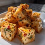 Close-up of cubed, creamy marinated cheese coated in oil, herbs, and red pepper flakes.