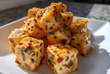Close-up of cubed, creamy marinated cheese coated in oil, herbs, and red pepper flakes.