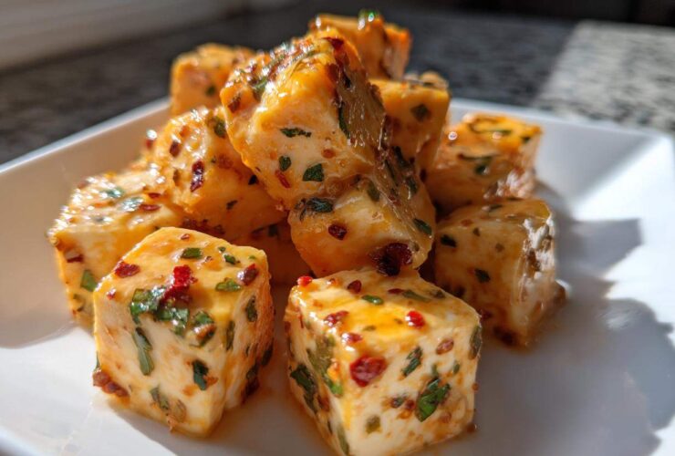 Close-up of cubed, creamy marinated cheese coated in oil, herbs, and red pepper flakes.