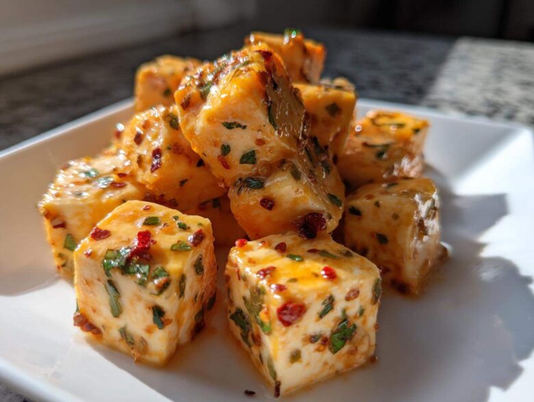 Close-up of cubed, creamy marinated cheese coated in oil, herbs, and red pepper flakes.