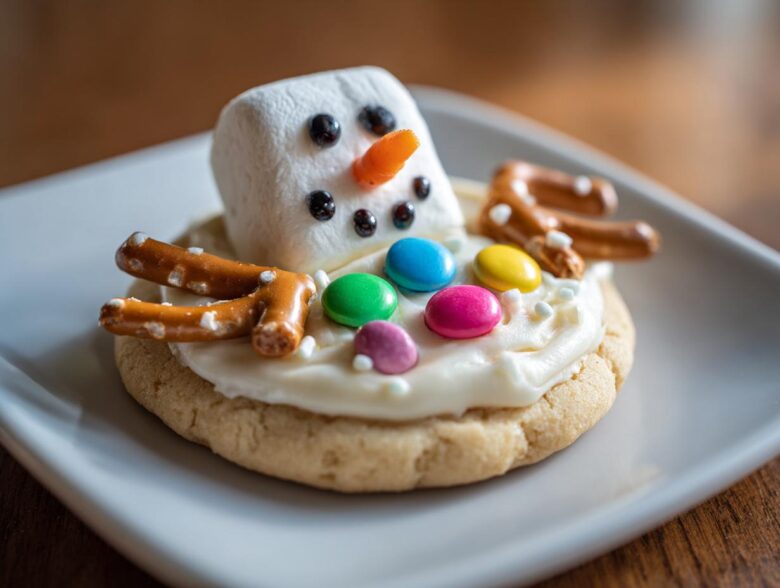 A close-up of a single melted snowman cookies featuring a marshmallow head, pretzel arms, and colorful candy buttons.