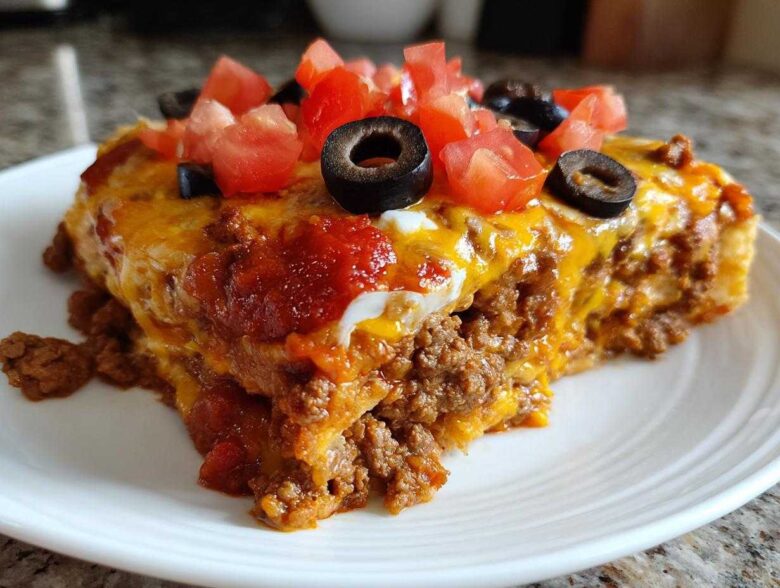 A close-up slice of 5-layer Mexican pizza topped with melted cheese, salsa, diced tomatoes, and black olives.