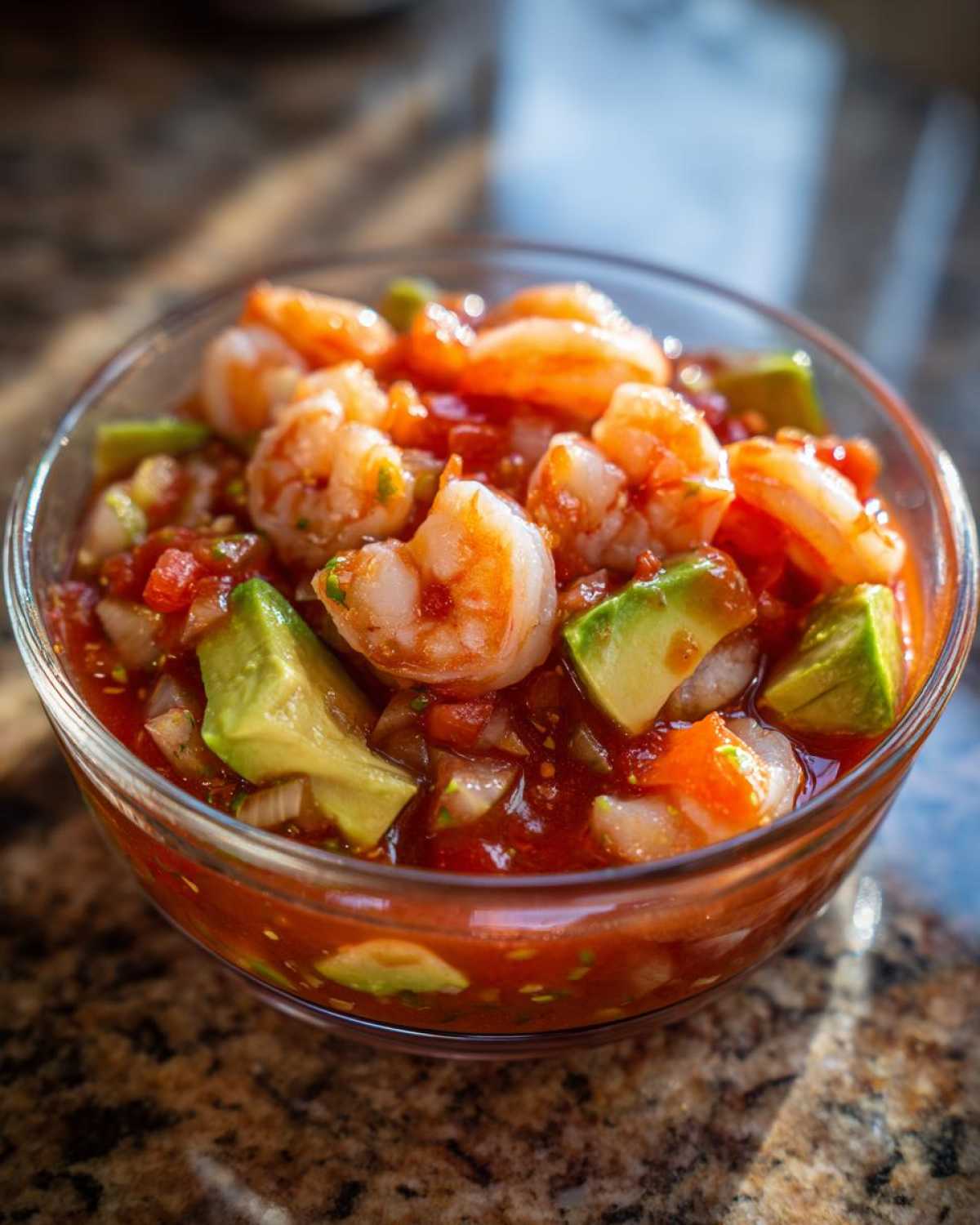 Close-up of a glass bowl filled with vibrant mexican shrimp cocktail, featuring plump shrimp and chunks of avocado in tomato sauce.