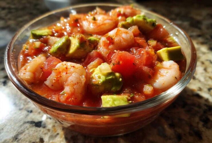 Close-up of a glass bowl filled with vibrant Mexican shrimp cocktail, featuring shrimp, tomatoes, and chunks of avocado.