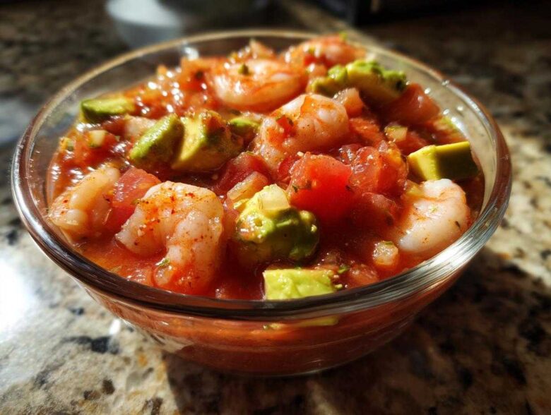 Close-up of a glass bowl filled with vibrant Mexican shrimp cocktail, featuring shrimp, tomatoes, and chunks of avocado.