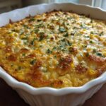 Close-up of a bubbly, golden-brown Mexican street corn dip topped with melted cheese and fresh parsley in a white baking dish.