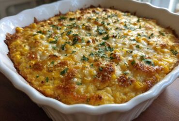 Close-up of a bubbly, golden-brown Mexican street corn dip topped with melted cheese and fresh parsley in a white baking dish.
