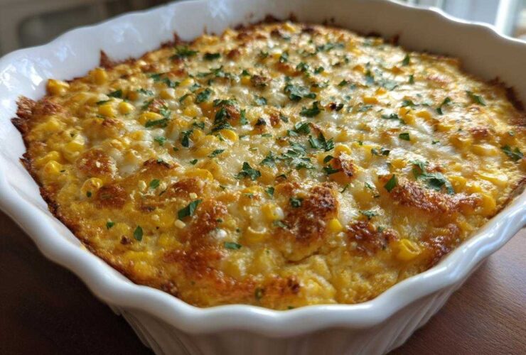 Close-up of a bubbly, golden-brown Mexican street corn dip topped with melted cheese and fresh parsley in a white baking dish.