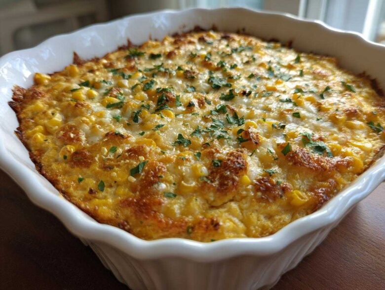 Close-up of a bubbly, golden-brown Mexican street corn dip topped with melted cheese and fresh parsley in a white baking dish.
