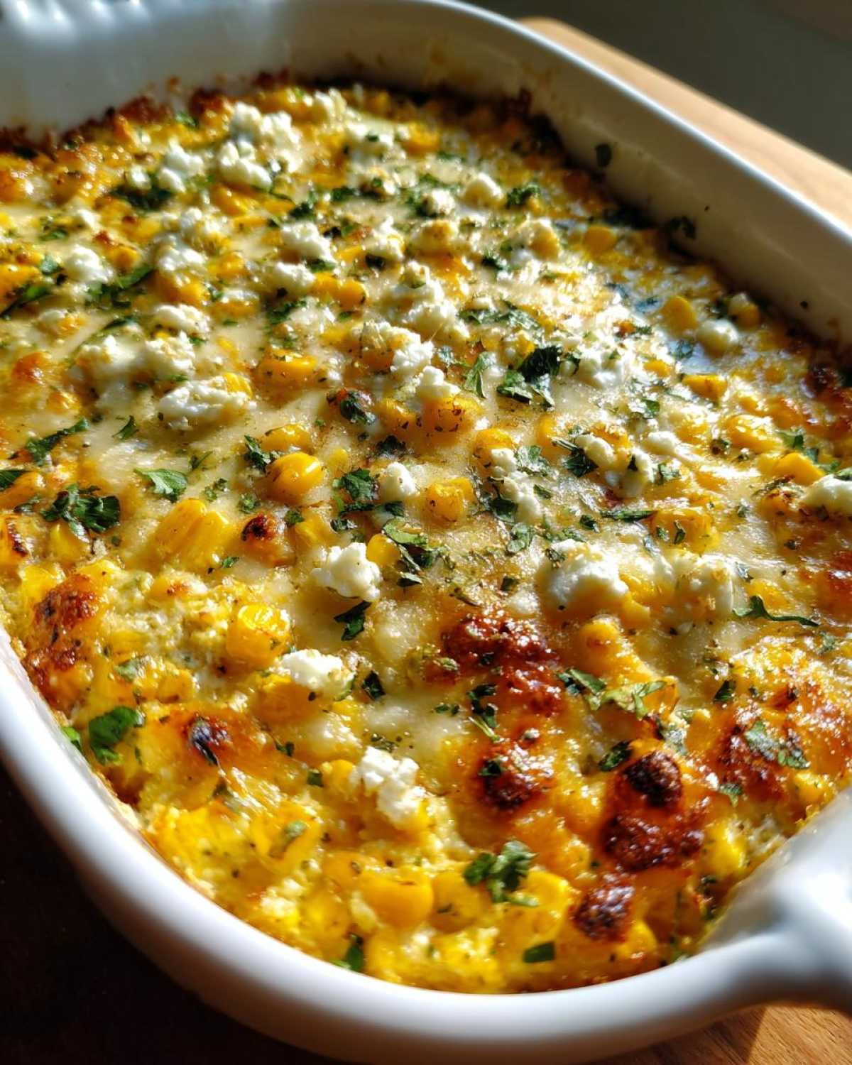 Close-up of hot, bubbly Mexican street corn dip topped with cotija cheese and cilantro in a white baking dish.