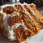 Close-up of a thick, moist slice of carrot cake recipe layered with rich cream cheese frosting.