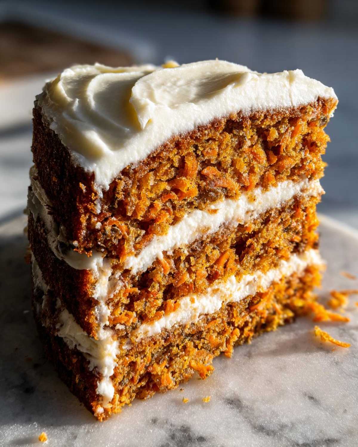 Close-up of a tall, three-layer slice of moist carrot cake recipe with thick cream cheese frosting.
