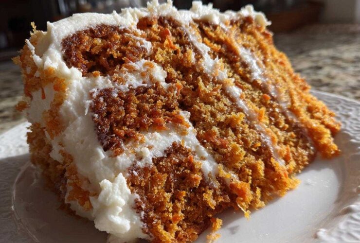 Close-up of a thick, moist slice of carrot cake recipe layered with rich cream cheese frosting.